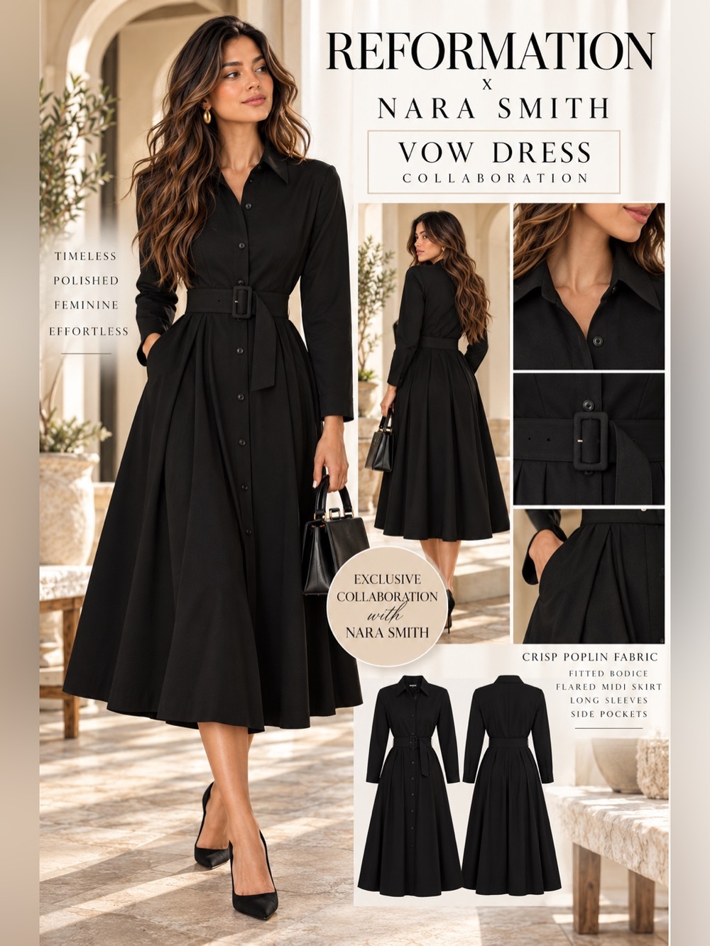 Nara Smith x Reformation Vow Dress Black Belted Midi Shirtdress Size 8 NWOT